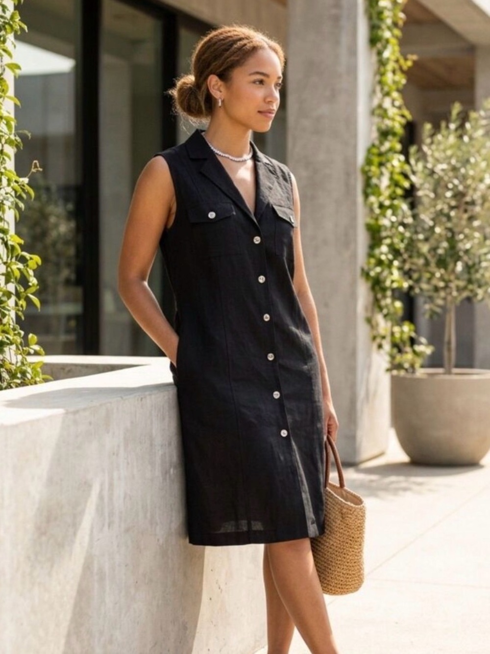 Banana Republic Black Sleeveless Button-Front Utility Mini Dress
